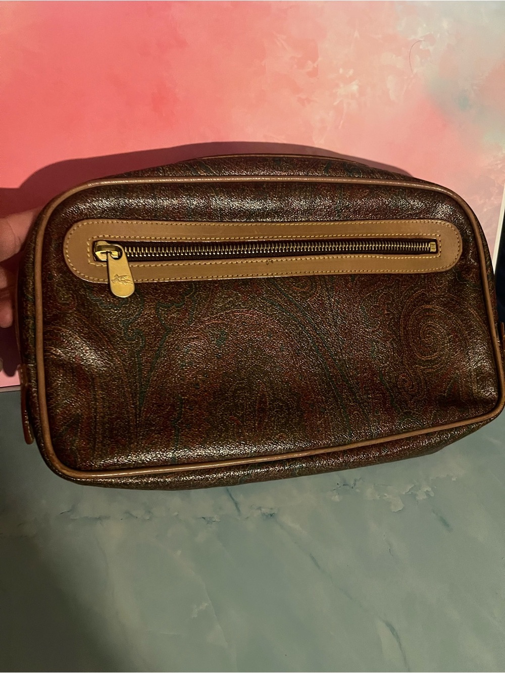 Etro Brown Paisley Leather Toiletry Bag with Tan Trim
